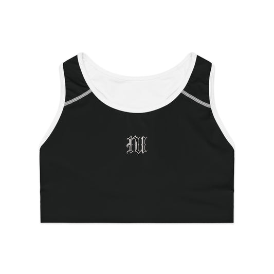 Women's Black Gothic 'NU' Sports Bra — Minimal Athletic Crop with Script Back
