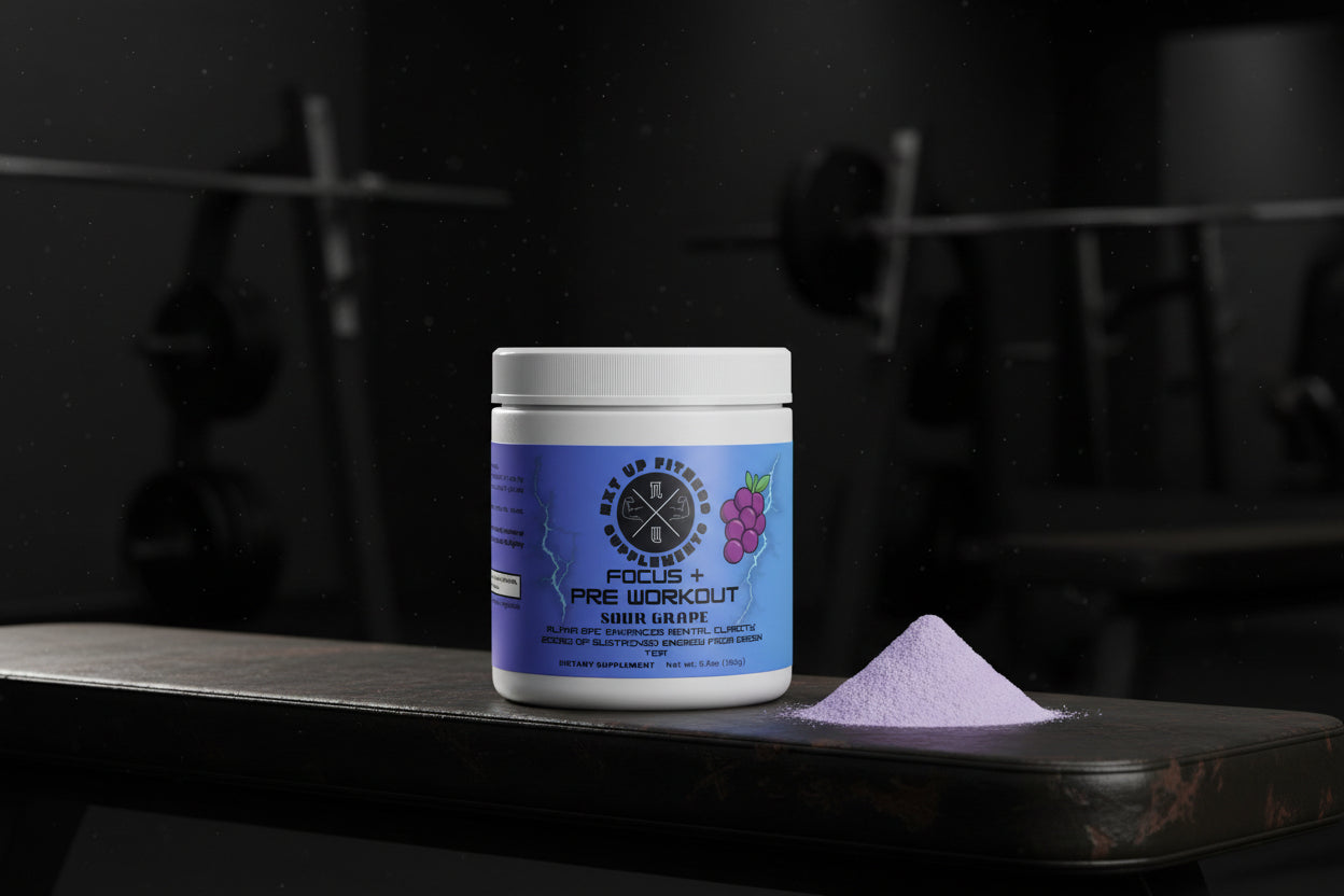 Pre-workout supplement container with blue label on a white background