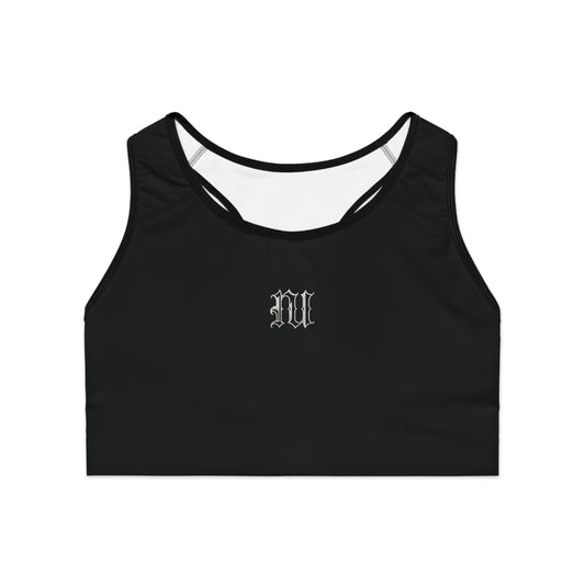 Women's Black Gothic 'NU' Sports Bra — Minimal Athletic Crop with Script Back